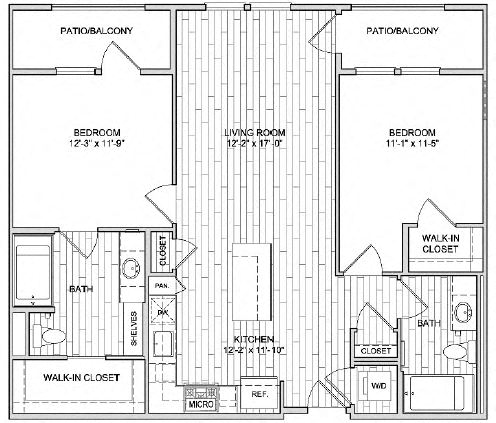 Floor plan for 2 beds, 2 baths, 1069 sqft